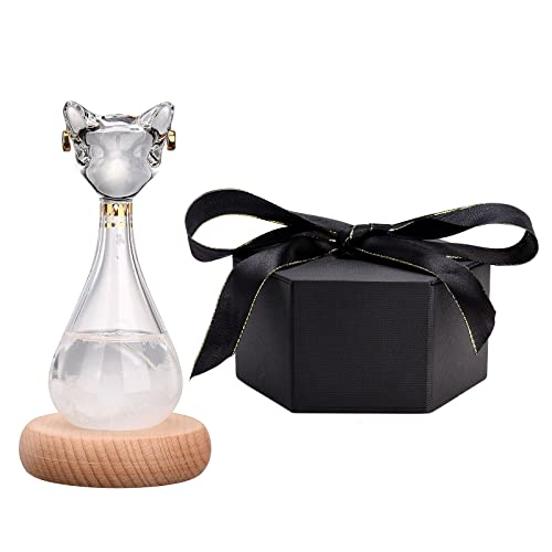 Sempoda Storm Glass Weather Predictor, Barometer Bottle with Wood Base, Crystal Cat Shape Figurine Glass Weather Station Weather Forecaster for Home Office Desktop Decoration Unique Gift, white