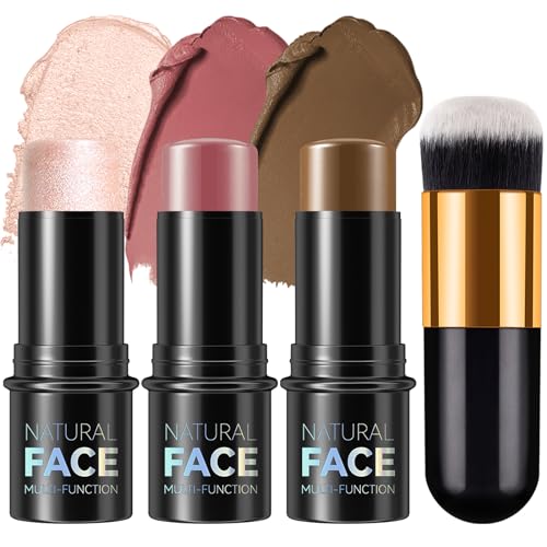 3 Pcs Cream Contour Stick Makeup Kit, Shades with Highlighter Stick, Blush Stick and Bronzer Contour Stick for Sculpt the Cheeks, Long Lasting, Waterproof, Matte & Dewy Finish (#02, 05, 06)