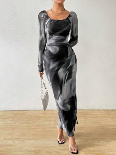 Image of LIGHT DOT Women's Printed Off Shoulder Maxi Dress Long Sleeve Bodycon Ruched Mesh Cocktail Dress
