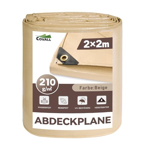 COVALL Schwere Plane 2x2m - 210g/m² wasserdicht, reißfest, UV-beständig ，mit Ösen, allwetterfest - Verstärkte Abdeckplane für Gartenmöbel, Pool, Holz, Camping & BAU