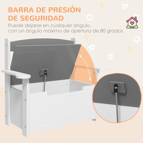 Miniatura 5 de Aiyaplay Baúl Para Juguetes Infantil, Banco Almacenaje Para Niños, Con Respaldo Y Tapa Amortiguadora, Carga 30 Kg, Para Salas De Juego, Dormitorio, 68,5x34x58 Cm, Gris Y Blanco