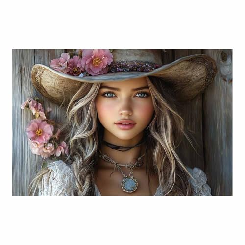 Toile vintage grand format portrait féminin chapeau et fleurs roses 70x100