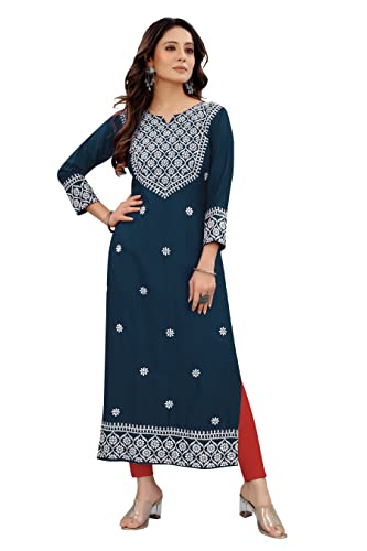 Image of Women's Rayon Embroidered Straight Kurti Under 499 Designer Attractive Look Women's Kurta