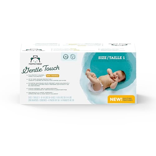 Image of Amazon Brand - Mama Bear Gentle Touch Diapers, Size 1, 200 Count (4 packs of 50)