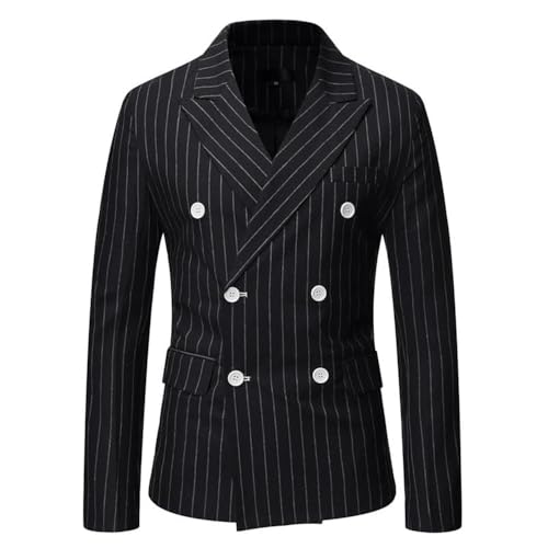 Men's Black Stripes Double Breasted Blazers Classic Business Daily Stylish Slim Fit Lightweight Sport Coat