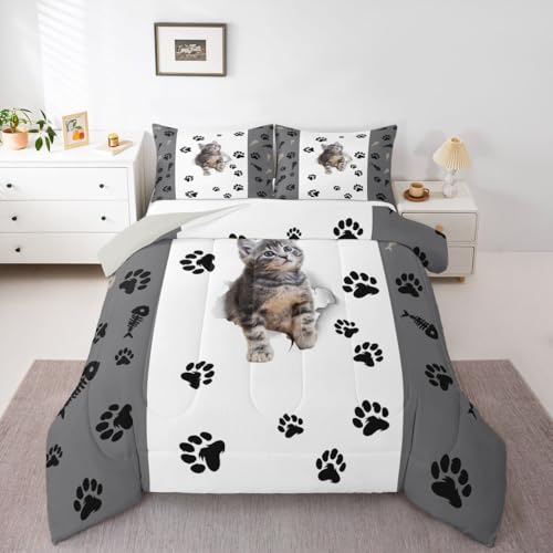 Kids Cat Comforter Set Queen, 3D Cute Kawaii Cat Bedding Set Lovely Animal Kitten Paw Print Down Comforter For Girls & Boys, Fish Bone Decor Quilt Duvet Set, Grey & White, 2 Pillow Cases