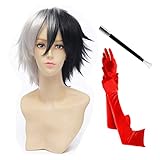 QACCF Black and White Short Layered Costume Mad Scientist Costume Realistic Wig (Whole Set)