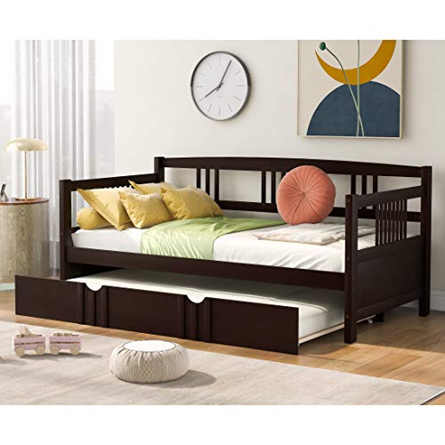 Ni-Shore Twin Size Daybed Wood Bed With Twin Size Trundle,Espresso #TOP2