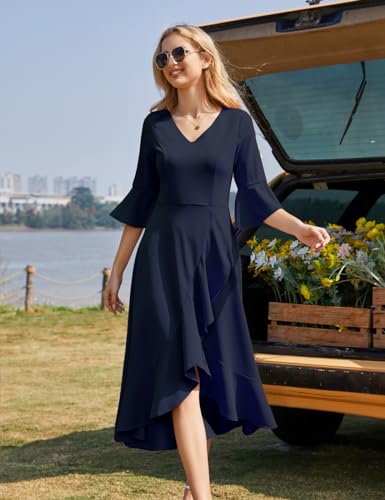 HomRain Navy Blue Wedding Guest Dresses for Women Formal Cocktail Dress Modest Vintage V-Neck Dress for Classy Funeral Navy 2XL — view 4