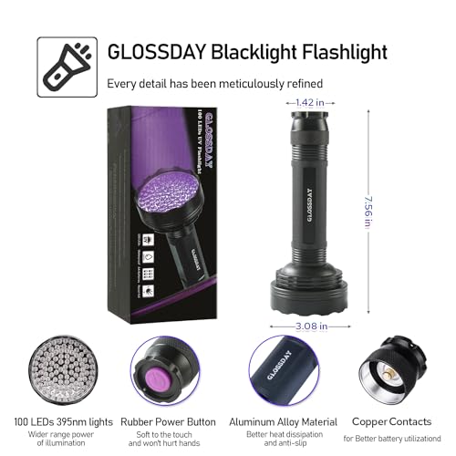 Image of GLOSSDAY UV Flashlight Black Light, 100 LED Black Light Flashlight for Dog /Cat Pet Detector, Scorpions Finder (Pack of 2)