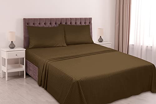 Image of ROYALE LINENS 4 Piece Cal King Sheets Set - Soft Brushed Microfiber - 1 Fitted, 1 Flat Sheet, 2 Pillowcases - Wrinkle Free & Fade Resistant - Hotel Luxury Bed Sheets (Stripe Chocolate, Cal King)