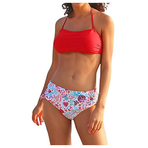SHEKINI Costume da Bagno Donna Halter Top Bandeau Bikini Regolabile Rimovibile Tracolla Bikini Imbottito Costumi Donna Mare Due Pezzi A Vita Alta Annodata Decorazione Bikini Fondo (XL, Rosso Y)