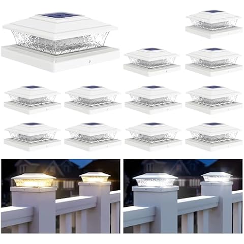 APONUO Solar Post Lights Outdoor, 2 Lighting Modes 16 LEDs Solar Post Cap Lights for 4x4 5x5 6x6 Vinyl Wooden Posts Waterproof Fence Post Lights Solar Powered for Deck/Fence/Porch (White,12 Pack) Cover