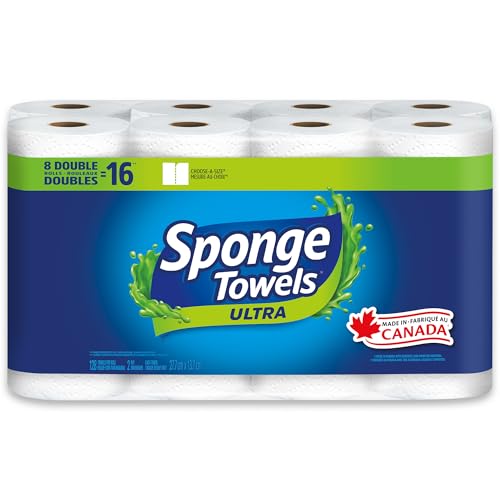 SpongeTowels Ultra Paper Towel, Double Sided Strength, 8 Double Rolls = 16 Regular Rolls