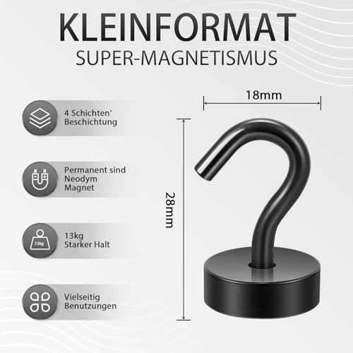 Neosmuk Magnethaken, 12kg Extra Starke Magnetische Haken für Camping, Werkstatt, Spind, Kleiderhaken mit Neodym Magnet für Outdoor und Kreuzfahrt Zubehör, Schwarz,4er-Pack