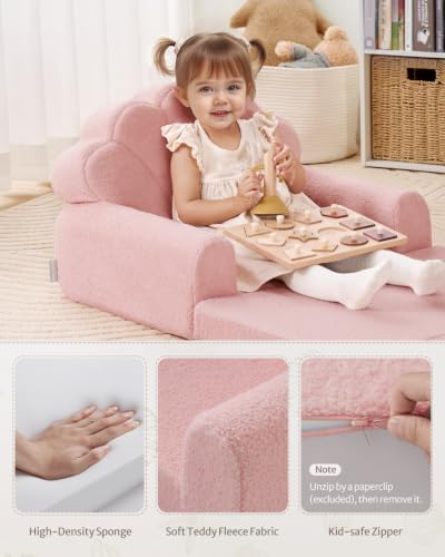 Image of Blissful Diary Foldable Kids Couch, 2-in-1 Kids Sofa Chair, Pink Shell | 50.8 inch Fold-Out Play Area, Supportive Foam, Washable Cover, Carry Handle, Pre-Assembled, Kid-Safe Zipper