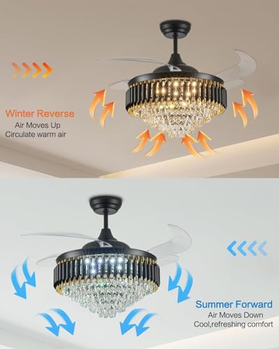 Image of 42 inch Crystal Ceiling Fan Black Gold Chandelier with Remote | Retractable Blades | LED Light (3 Color Modes) | Modern Luxury Fan Light for Living Room & Dining Fan Chandelier
