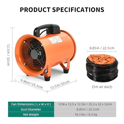 YITAHOME Exhaust Fan 8" Utility Lower Extractor Fan High Speed Portable Ventilation Fan with 16ft Ventilation Duct Hose for Industrial Paint Booth (8" Fan with 5M Hose)