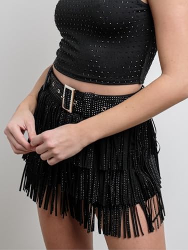ChiyeeKiss Short feminino com franja de strass brilhante, faixa elástica, saia curta, estilo caubói