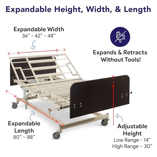 Ultra Wide Adjustable Hospital Bed With 48\" Foam Mattress - 14\"-30\" Height Range, 36”-42”-48” Width Range, 80”-88” Length Range - Full Electric Bariatric Medical Bed, 8 Function Hand Pendant -Mahogany