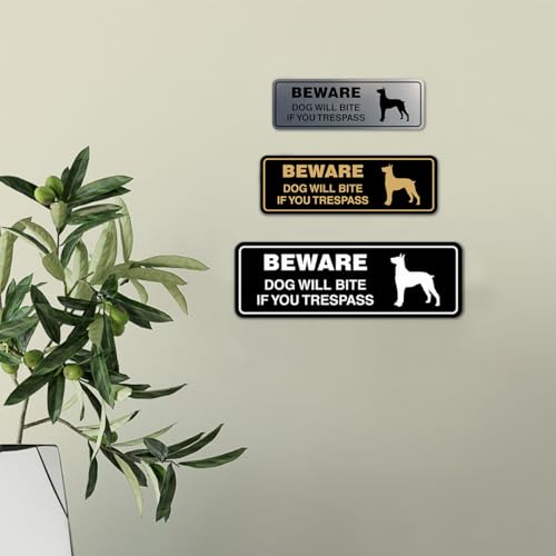 Panneau beware dog will bite noir et doré L pour signalisation extérieure