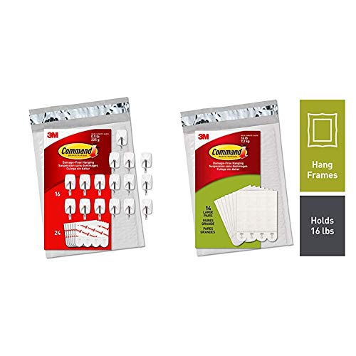 Command Wire Hooks, 16 Hooks, 24 Strips, White, Small, Easy to Open Packaging (GP067-16NA) with Picture Hanging Strips, 14 Pairs (28 Strips)