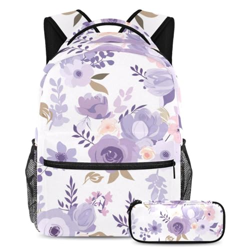 Sac à dos motif floral violet avec trousse à crayons pour l'école et le voyage