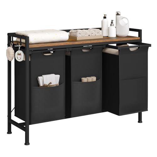 WOLTU Panier à Linge 3 Compartiments, 40L/Panier, avec Étagère, Sac à Linge en Tissu Oxford Amovible, Cadre en Métal, Marron Rustique+Noir