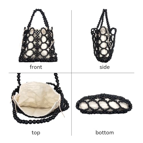 Image of YYW Unique Handmade Wooden Bead Tote Bag for Women, Small Handwoven Clutch Purses Woven Bucket Handbag and Drawstring Handbag