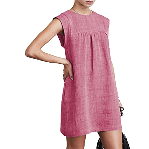 Verão solto senhoras casual algodão linho cor sólida vestido, Rede