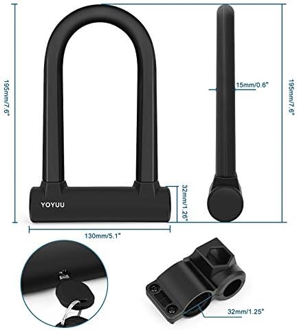 Bike U Lock, Heavy Duty Shackle D Lock with 3 Keys, 1.2m Flex Steel Cable and Mounting Bracket
