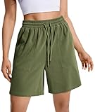 Picture of Yoga Trendy Summer Dance Bermuda Women's Long Shorts Yoga Sweat Casual Pajama Jersey Knee Length Sweatshorts Women Cotton Athletic Mid Rise Workout Womens Biker Shorts Tummy Control Army Green XL