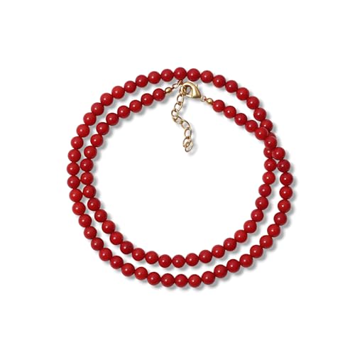 A&M GEMS & JEWELS Natural Red Coral Gemstone Beaded Necklace for Women 66.5mm Smooth Round Beads Handmade Gold Plated Minimalist Everyday Jewelry 20 Inch