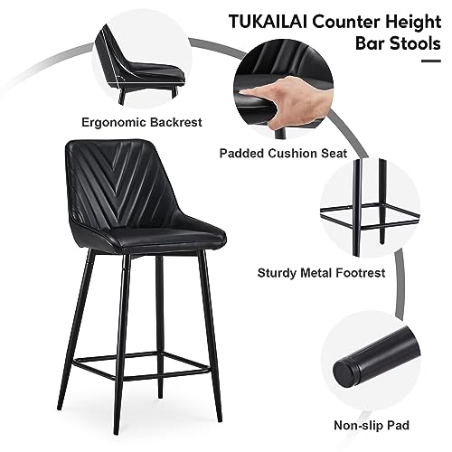 TUKAILAi Modern Faux Leather Bar Stools Set of 2, Stylish Counter Height Barstools with Back, Footrest and Metal Legs, Upholstered Dining Chairs for Kitchen Island, Cafe, Bistro, Restaurant (Black) - Thumbnail 5