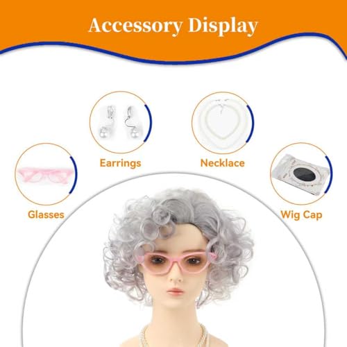 Image of Women Roper Curly Old Lady Grey Cosplay Wig with Necklace Earrings and Sunglasses for Women Hallween Costume Wig