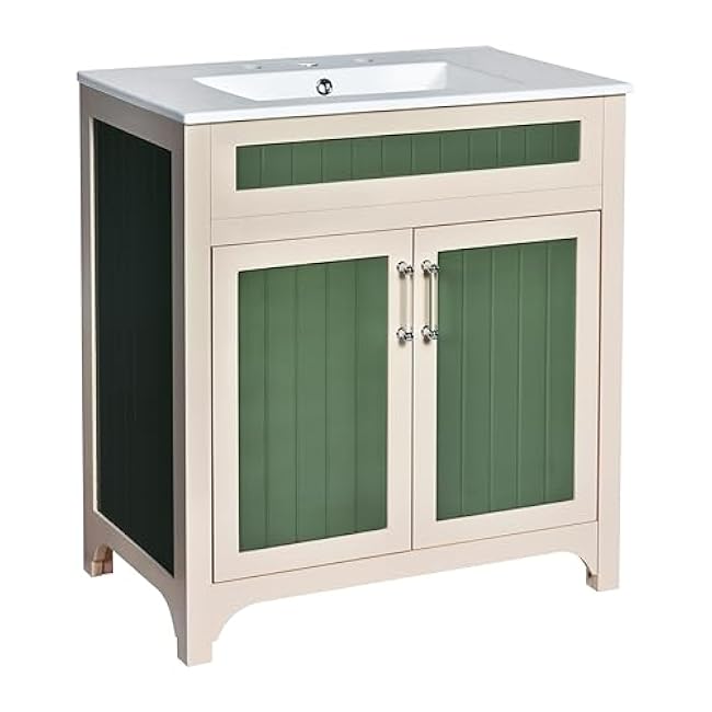 Solves Bathroom Storage Needs with 30'' Modern Vanity Cabinet and Ceramic Sink Combo, Solid Wood Frame, Beige and Green