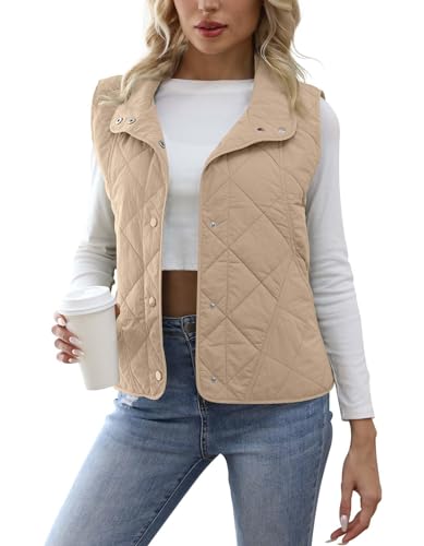 Womens Quilted Vest Lightweight Sleevesless Stand Collar Button Down Padded Gilet Fall Outerwear Vests with Pockets