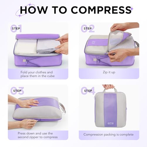 Image of OlarHike 10 Set Compression Packing Cubes for Travel Essentials,Compressible Expandable Space Saver Bags for Organizing Clothes,Luggage Garment Bags with Over 1000 pcs Mesh Holes(Light Purple)