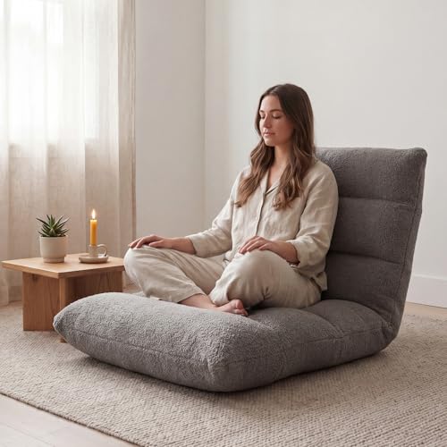 Image of DUMOS Folding Floor Chair with Back Support, Adjustable 14-Position Floor Seating with Comfy Teddy Velvet for Adults & Kids, Reading, Gaming, Meditation, Watching, Grey