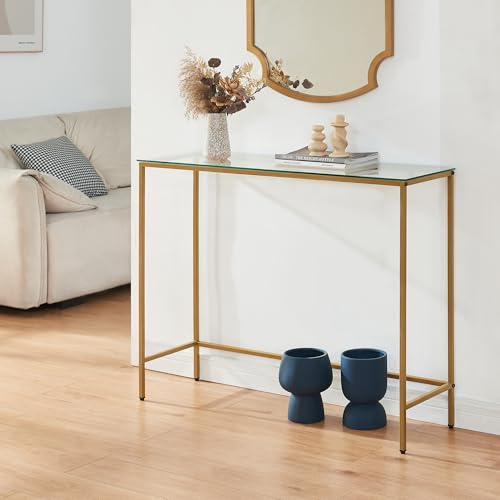 [en.casa] Konsolentisch Kronoby Flurtisch mit Metallgestell Glasplatte rechteckig Ablagetisch Regal 100 x 30 x 80 cm Goldfarben/Klarglas
