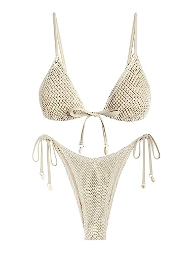 ZAFUL Women Triangle String Two Piece Bikini Fishnet Mesh Tie Shell Decor Tanga 2 Piece Swimsuit