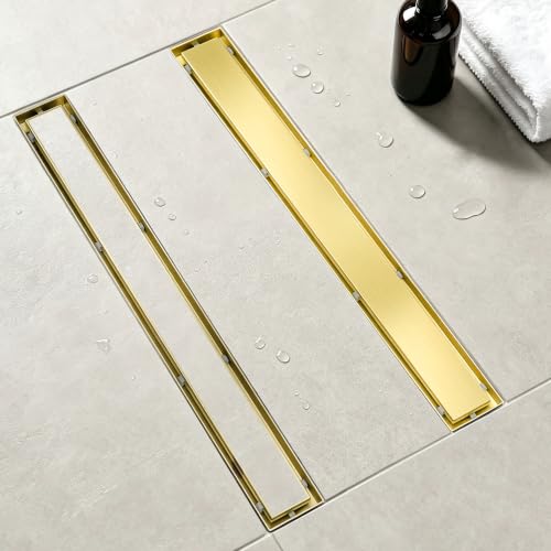 Exakey Linear Shower Drain 24 inch, Rectangular Shower Floor Drain with Reversible Tile Insert Grate Hair Filter Basket Adjustable Feet SUS 304 Stainless Steel Long Shower Drain Brushed Gold by Exakey - Used condition - US$56.60