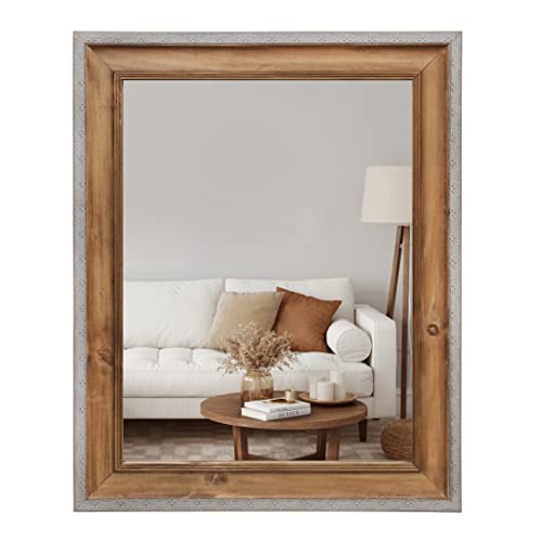 camden reed craftsman farmhouse 23.5 x29.5 inch wood wall mirror, natural woodgrain with silver embossed edge, mirror for entryway, living room, bathroom