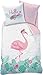 Produktbild FLAMINGO Bettwäsche Set · HELLO · Trendiger Flamingo Vogel / Tropical Blumen · Wende Motiv · rosa türkis - Kissenbezug 80x80 + Bettbezug 135x200 cm - 100% Baumwolle