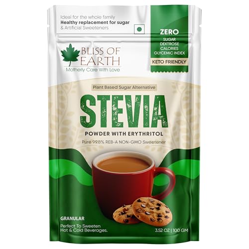 Bliss of Earth Stevia Powder – Sugar Free Stevia with Zero Calorie Sugar Substitute, 100g | Sweetener for Tea, Coffee, Baking, Keto & Diabetic-Friendly