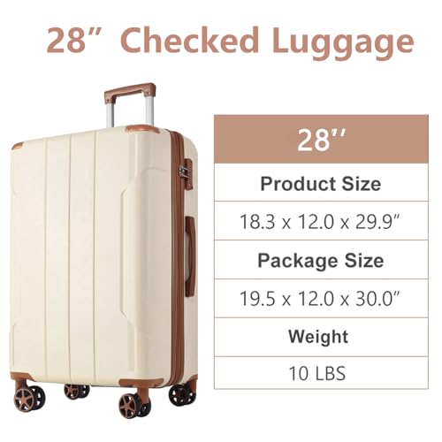 28" Checked Luggage, Lightweight & Expandable Hardshell Luggage with Spinner Wheels, TSA Lock, Corner Guards (White Brown, 28'')2