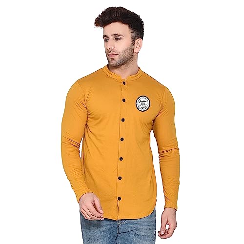 Image of Geum Men's Mandarin Collar Shirt | Slim Fit Full Sleeve Casual Shirt with Printed Chest Logo | Soft Cotton Blend Stylish Button Down for Party, Office