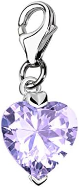 Quiges 925 Sterling Silver Crystal Purple Heart Cubic Zirconia Lobster Clasp Charm Clip on Pendant