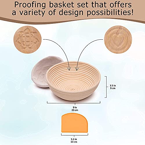 9 In Bread Proofing Basket Set - Make Sourdough Bread With Our Banneton Basket And Removable Design Inserts Dough Scraper & Cloth Liner Gift For Bakers By Artizanka (Plain Basket + Patterns) #TOP5