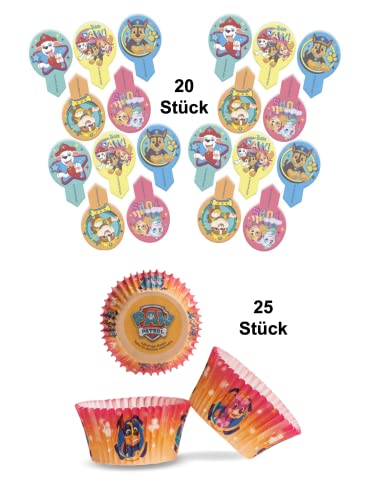 Paw Patrol Set 20x Essbare Einstecker Pins + 25x Muffinschalen Tortendeko Kindergeburtstag Deko Muffin Cupcakeförmchen